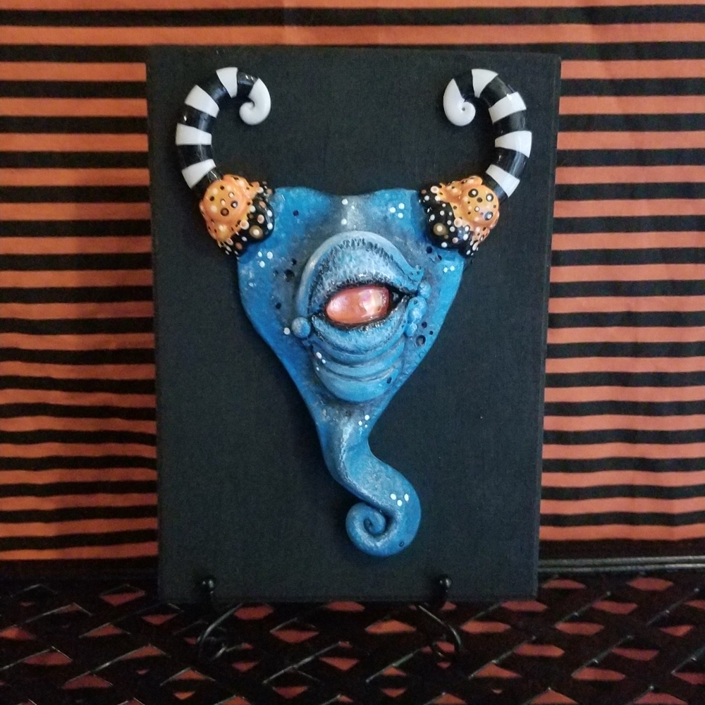 OOAK Spooky Creepy Horror Monster Blue Orange Sculpted Horned Creature Wall Art